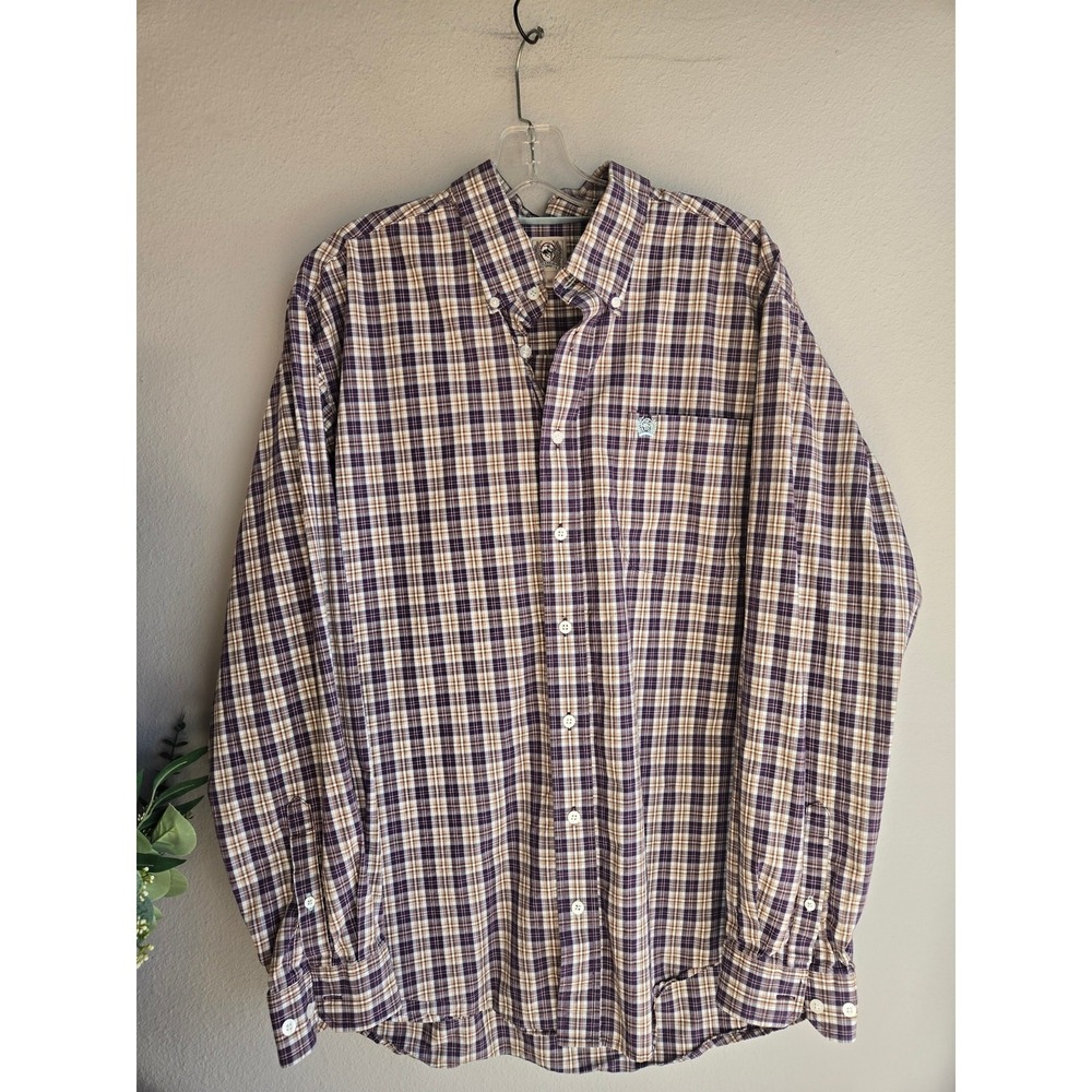 Cinch Western Plaid Long Sleeve Button Down Shirt Purple Tan Size Medium
